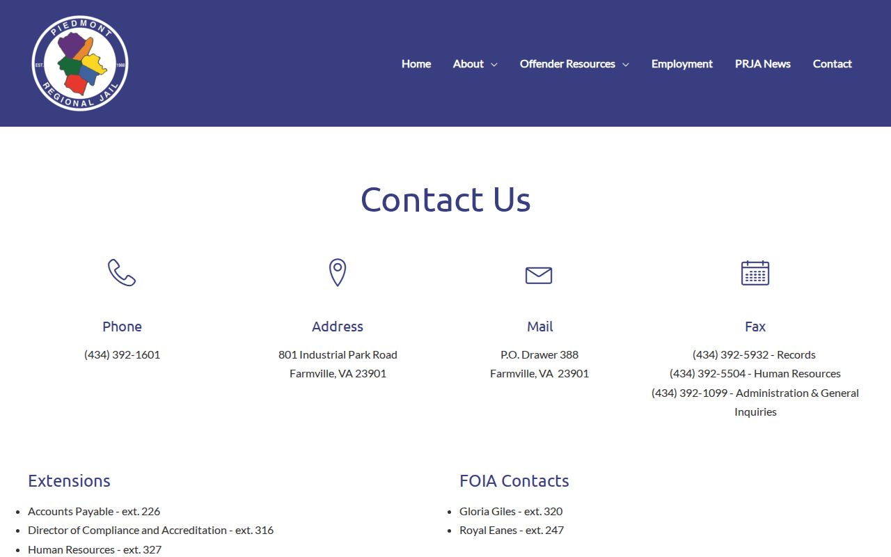 Lunenburg County regional booking records contact information at Piedmont Regional Jail