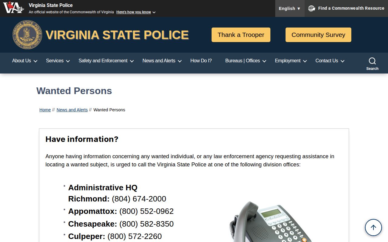 Lunenburg County statewide wanted-person source from Virginia State Police